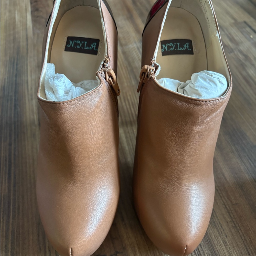 N.Y.L.A. Tan Ankle Booties Slip-On Minimalist Design